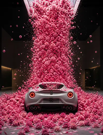 Car beneath a waterfall of flowers scene template