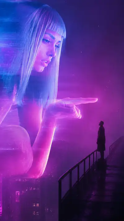 Holographic AI and Human in Neon Cityscape