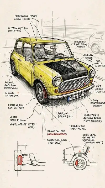 Vintage Mini Cooper Technical Design Sketch