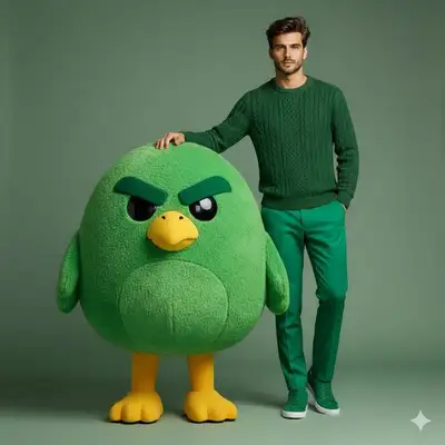 Fashion portrait of a man beside a plush bird mascot