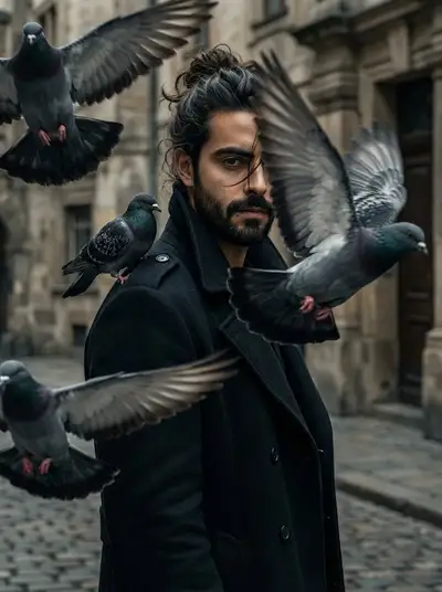 Cinematic portrait of a man surrounded by flying pigeons