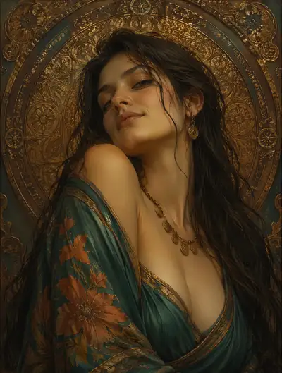 Art Nouveau Byzantine Portrait of Woman in Teal Robe