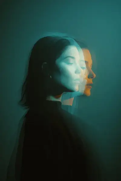 Cinematic double exposure portrait with teal and orange tones