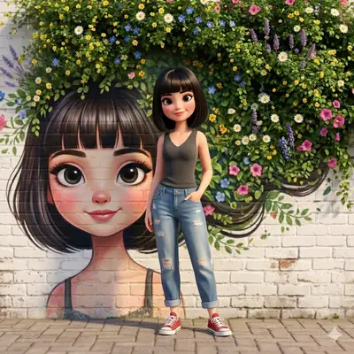 3D动画女孩肖像，背景为街头艺术壁画