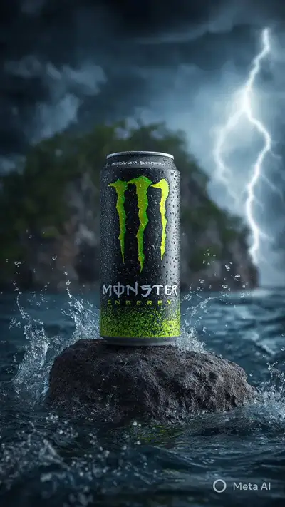 Hyper-Realistic Energy Drink Can on Stormy Island