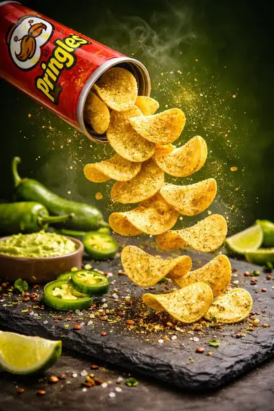 Fiery spicy chips product photography with flames