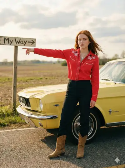 Maximalist Americana editorial portrait with Mustang