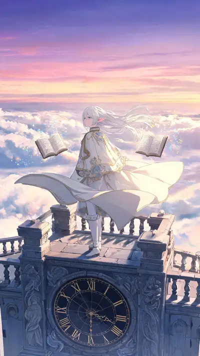 Fantasy elf girl atop an ancient clock tower at dusk