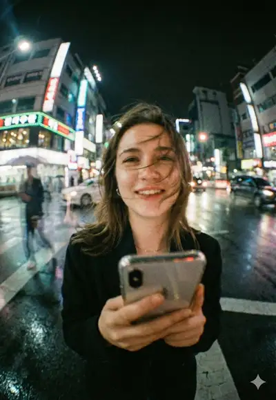 Neon night street selfie portrait with phone in foreground