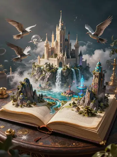Book of Worlds magical fantasy landscape poster prompt