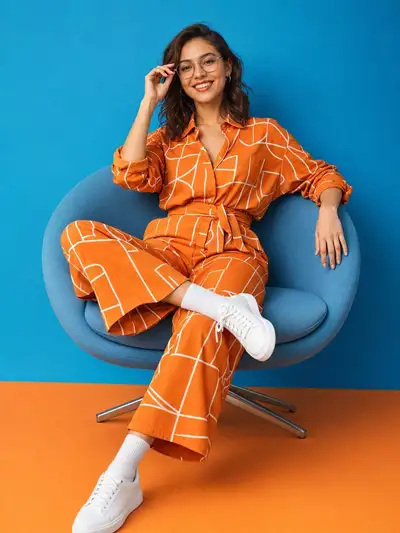 Orange jumpsuit studio fashion lifestyle photo