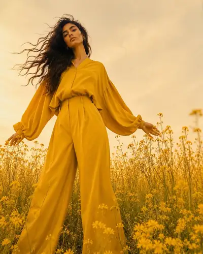 Fashion Editorial Shot Among Yellow Wildflowers at Sunset