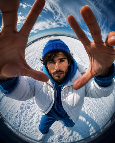 Fischaugen-Streetwear-Portraet von oben in einer verschneiten Landschaft