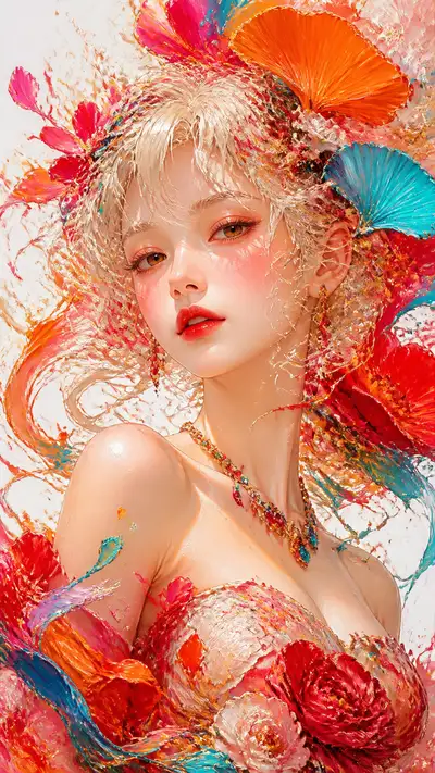 Impasto oil-painting portrait with floral paint splashes