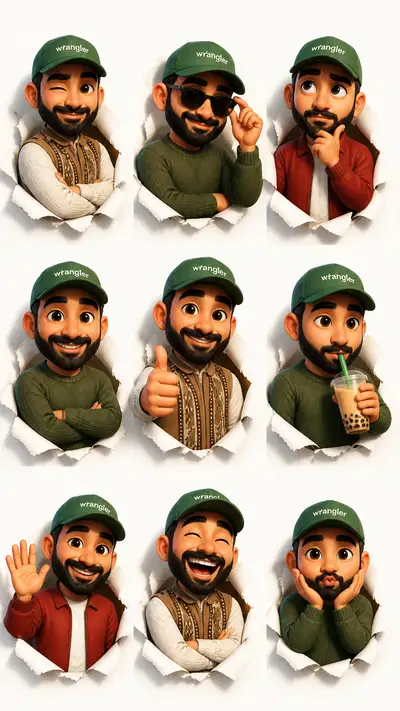3D Pixar-style expression sheet grid of a cartoon avatar