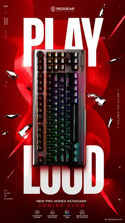 赤い幾何学グラフィックを使用した高級ゲーミングキーボード発売ポスター