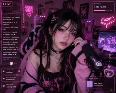 霓虹粉色游戏少女网络摄像头风格直播肖像