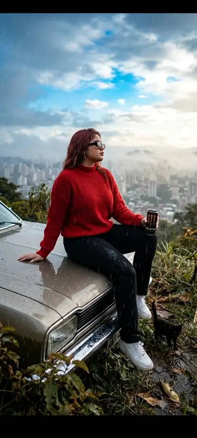 Ultra-realistic editorial photo of woman in rain with car and kitten