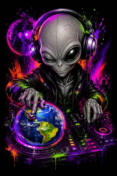 Alien DJ Spinning Earth in Cyberpunk Discotheque