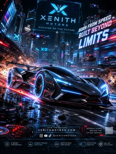 Futuristic hypercar cinematic ad in a neon cyberpunk mega-city