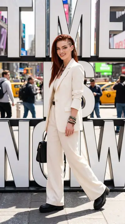 Fashion editorial portrait in Times Square, bold undercut hairstyle