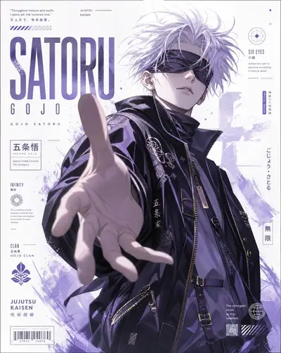 Gojo Satoru luxury anime editorial poster