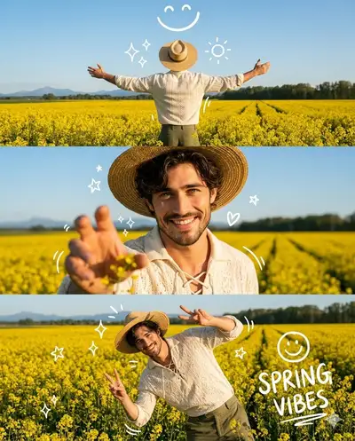 3-teilige Frühlings-Collage in einem Senffeld mit Kritzeleien