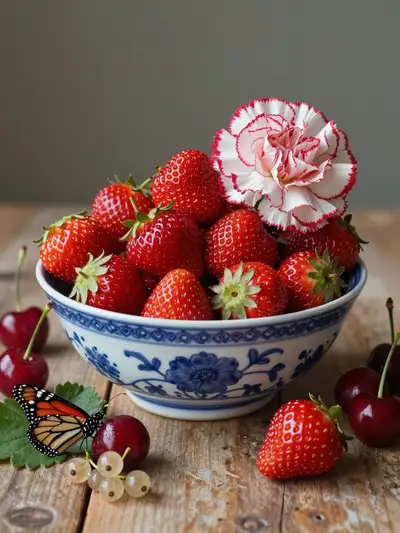 Niederländisches Stillleben mit Erdbeeren und Monarchfalter