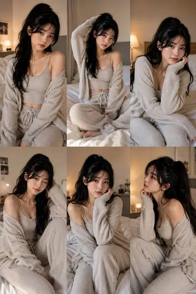 Collage acogedor de estilo de vida en un dormitorio coreano con ropa de estar por casa
