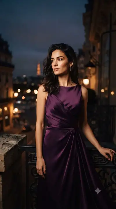 Elegante retrato em uma sacada ao anoitecer com horizonte urbano de fundo
