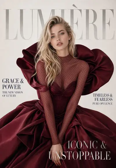Luxury high-fashion magazine cover with ELLE-style typography