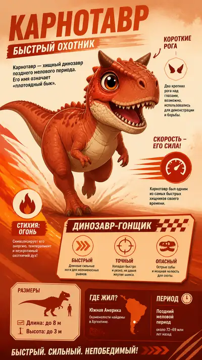 Cute Pixar style carnotaurus fast hunter infographic