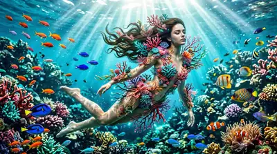 Ethereal Coral Ocean Woman Photorealistic Fantasy Prompt