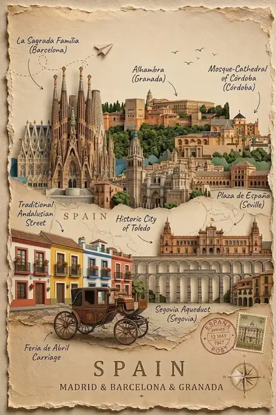 Vintage paper-cut collage travel poster for Spain and Vietnam