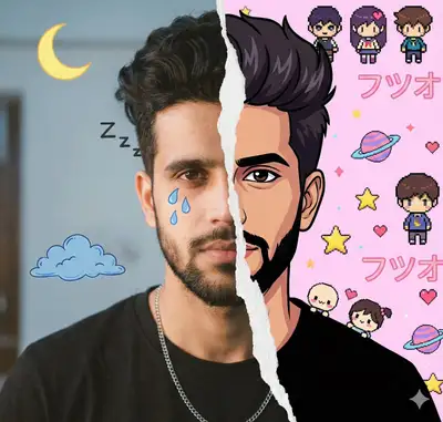 Divide prompt in real/cartoon portrait.