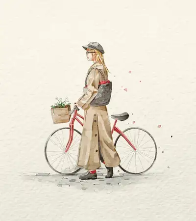 复古自行车女性水彩时尚插画