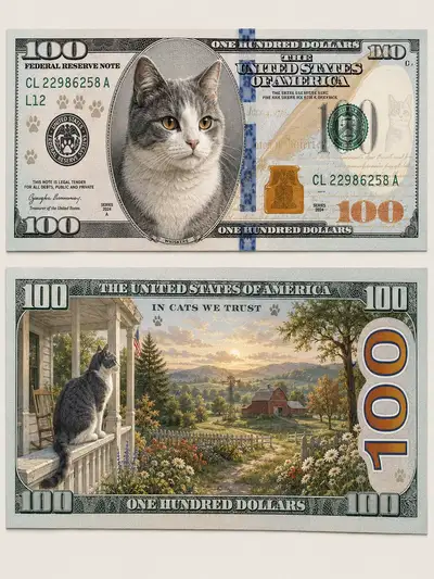 Fantasy 'In Cats We Trust' collectible $100 banknote design