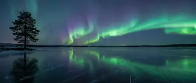 Aurora Borealis über einem zugefrorenen arktischen See