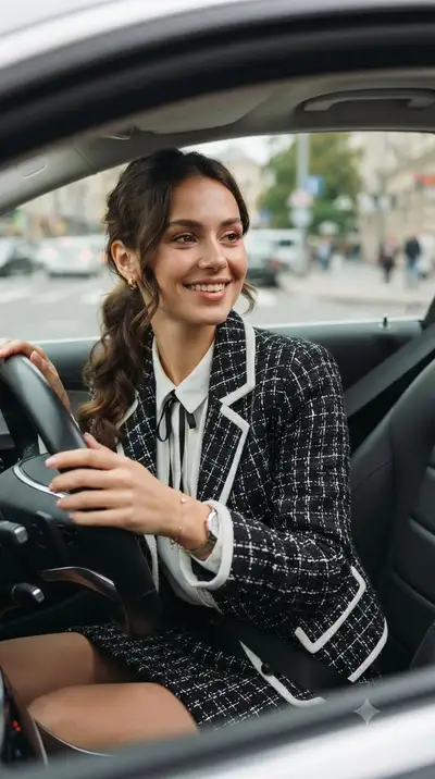 Femme en blazer en tweed souriant au volant d'une voiture
