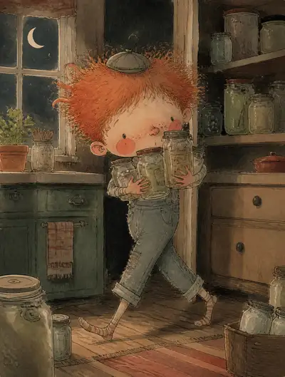Whimsical chibi illustration of a boy sneaking jars at night