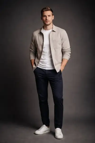 Photorealistic studio portrait of a stylish average British man