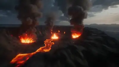 Une éruption volcanique forme le mot INFERNO dans la lave en fusion