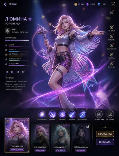 Pop star MOBA hero screen looping animation prompt