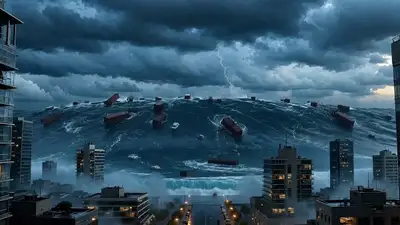 Tsunami Over Coastal City Cinematic Shot