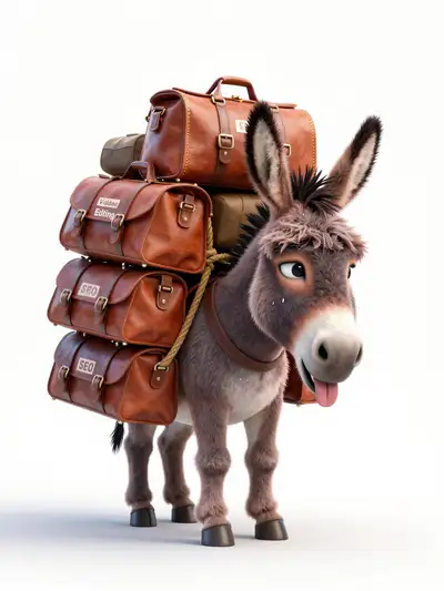 Overworked anthropomorphic donkey mascot with service satchels