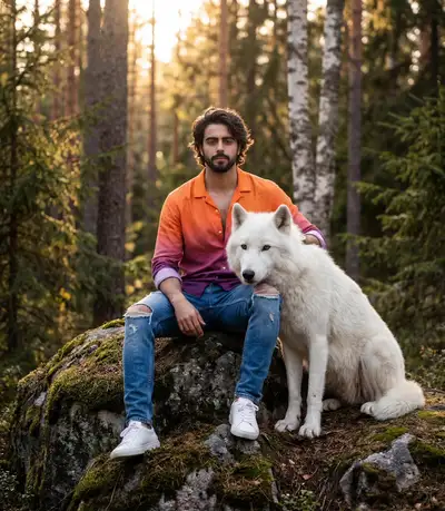 Prompt de retrato de hombre con lobo ártico en el bosque