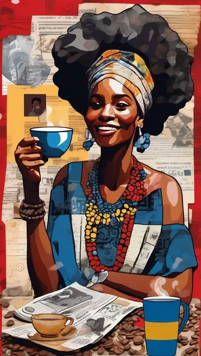 Black Woman Celebrating in Sadu Style Cafe Collage
