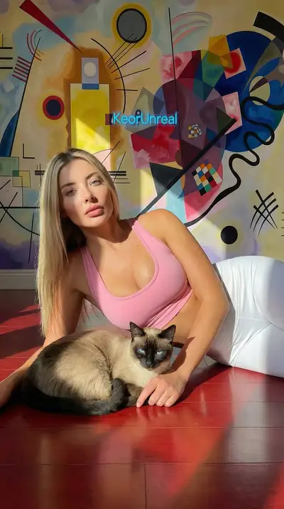 Photorealistic Portrait with Siamese Cat and Kandinsky Wall