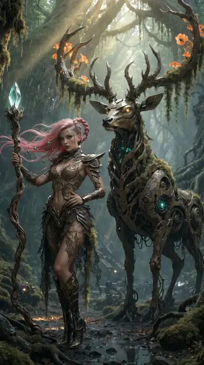 Cyberpunk Biomechanical Druidess with Living Mechanical Stag