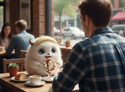 Over-the-shoulder shot with fluffy monster eating banana ice cream